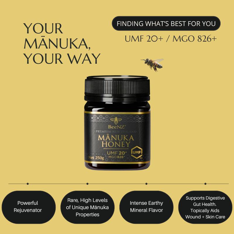 BeeNZ Raw Manuka UMF20+ (MGO 826+) Honey - Pure New Zealand Manuka Honey, No Sugar Added, Natural Sweetener & Superfood for Wellness, Immunity and Skin Care Support - Bold earthy mineral flavor. Healthy
