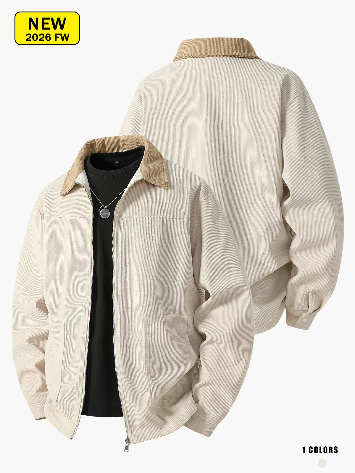 Men’s corduroy jacket with a turn-down collar, loose fit, retro casual style, warm and comfortable for spring and autumn.