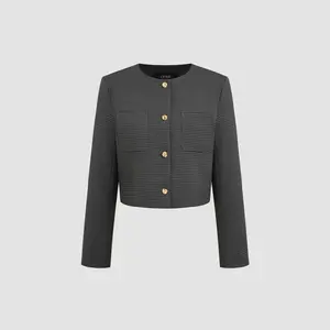 Cider [size 2-10] Jacquard Round Neckline Checks Pocket Button Jacket