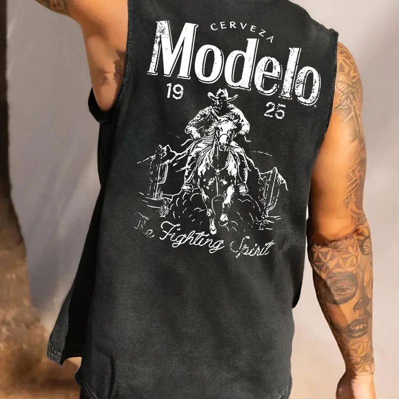 Men's Modelo Graphic Print Round Neck Loose Oversized Street Sleeveless Crew Neck Top, All-Season Streetwear, Workout Tank Tops for Daily Wear, Gym Tank Top