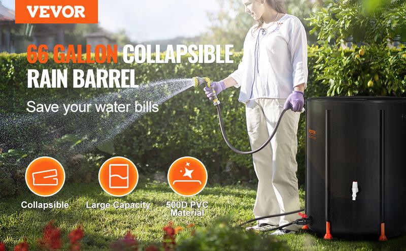 VEVOR Collapsible Rain Barrel -  Upgraded Visible Water Level, 53/66/100 Gal Portable Rain Water Collection Barrel, PVC Rainwater Collection System with Spigots and Overflow Kit, Water Barrel for Garden Water Catcher Bucket VEVOR Super Brand Day