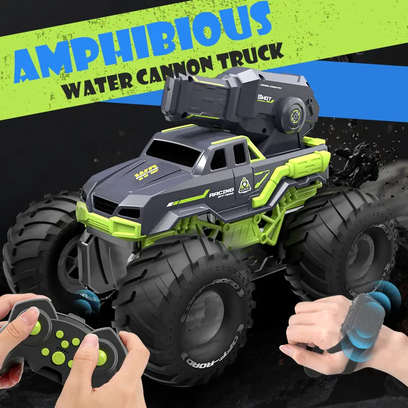 RC 4WD Amphibious Water Cannon Truck with Built-in Batteries, 10m Range, Dual Control, Massive Off-Road Tires, Durable Design, Beach & Pool Summer Water Play Toy