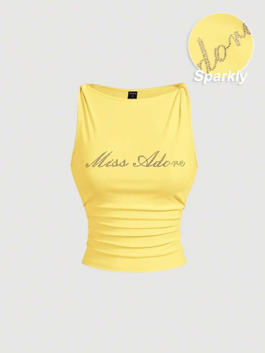 Roam x MOD Women's Rhinestone Twist Ruched Fitted Yellow Tank Top