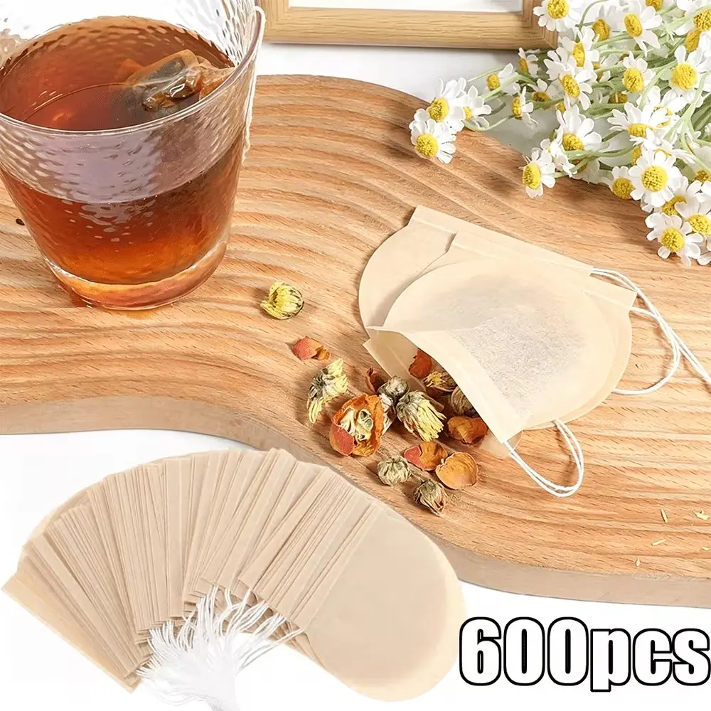 600Pcs Natural Unbleached Tea Filter Bags, Round Drawstring Disposable Tea Infuser Sachets, Food-grade Paper Pouch with Drawstring, Ideal for Loose Leaf Tea, Coffee, Herbs, Spices, Soup, Bath Spice & DIY Herbal Drinks Making Tools