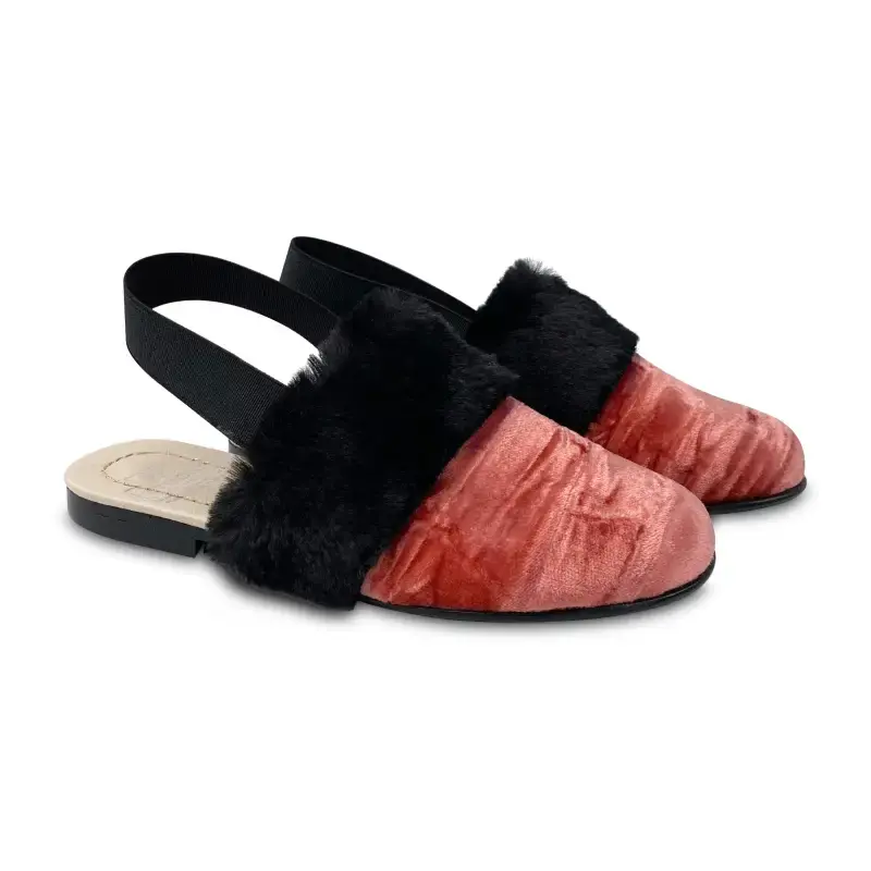 Hoo Pink Crushed Velvet Black Fur Slingback Mule
