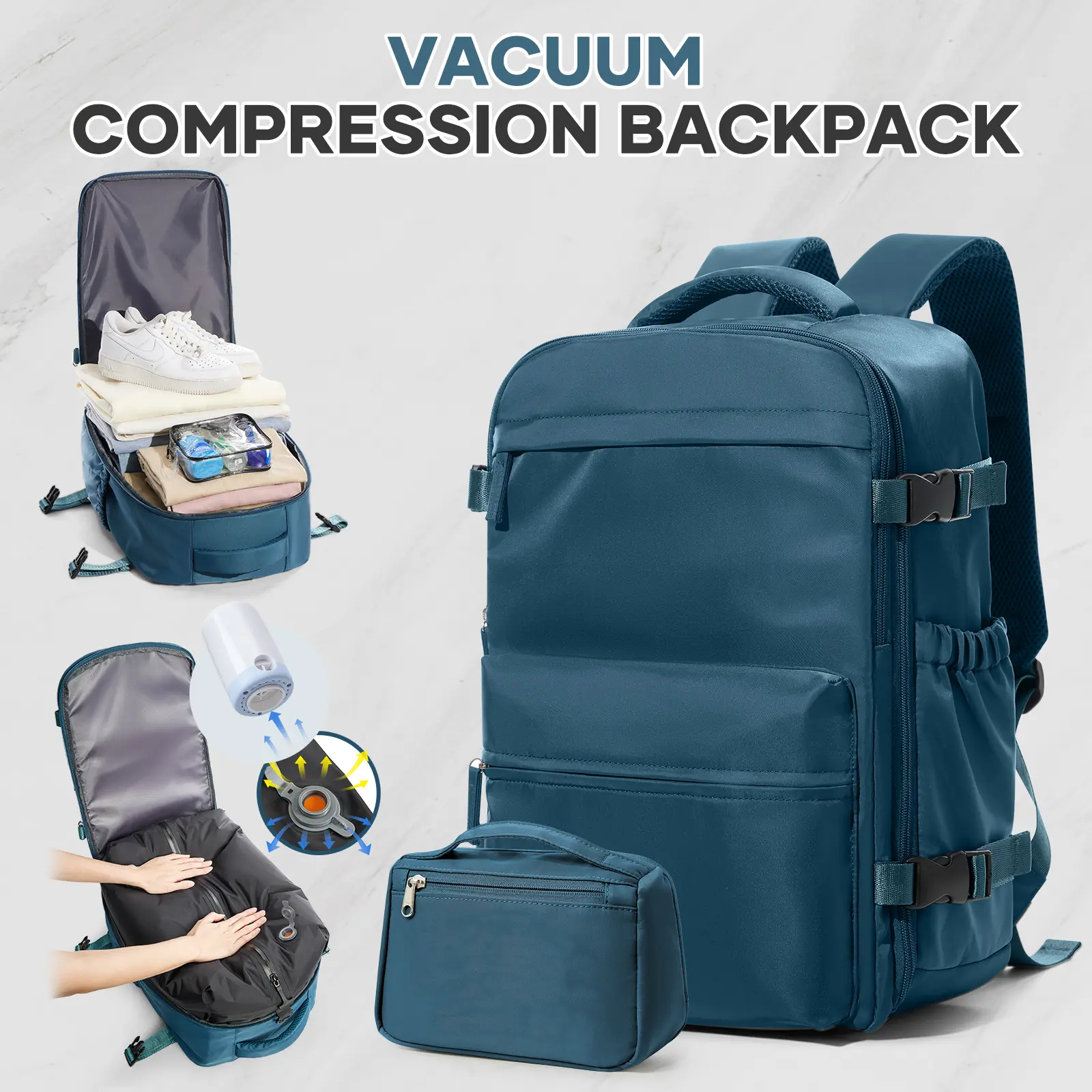 Coowoz Compact Vacuum Compression Travel Backpack with Pump - Airline Approved Carry On, Durable Hiking Rucksack, Ultra Portable On-the-Go Vacuum Backpack for Women, Compression Pump Essentials, Ultra Portable Travel Bags