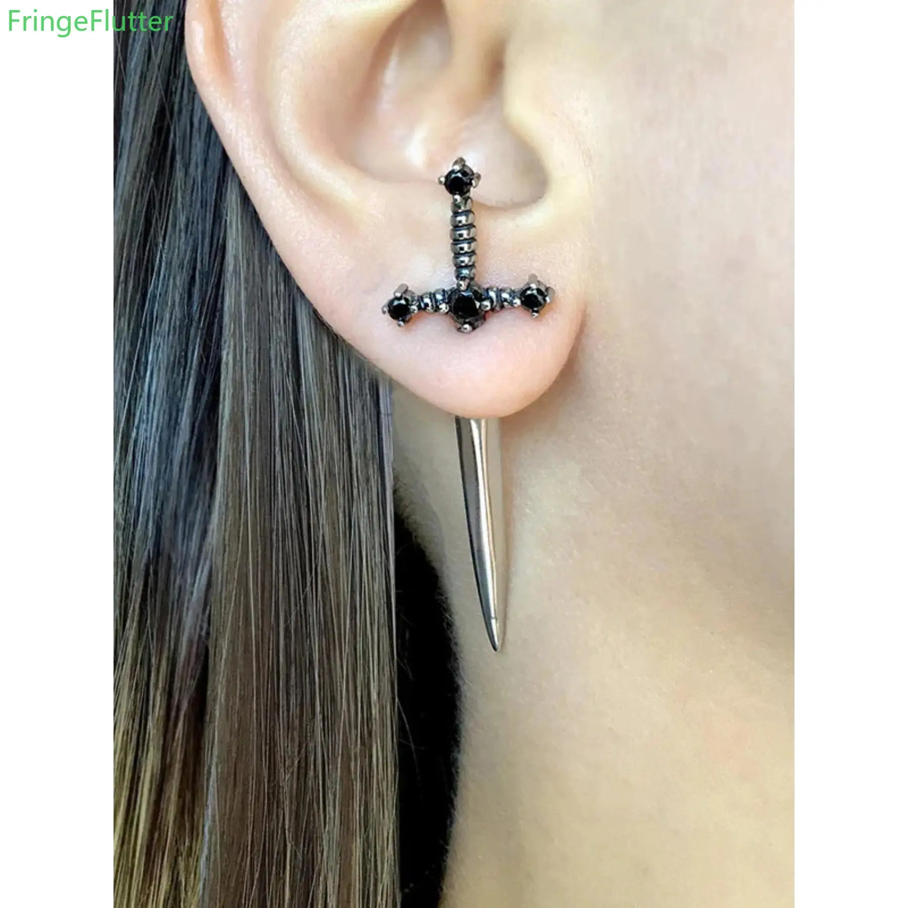 Women's Gothic Artificial Crystal Sword Stud Drop Earrings - Vintage Punk Cross Design Statement Jewelry for Sports & Outdoor Protective Gear, Ideal for Birthday Gifting
