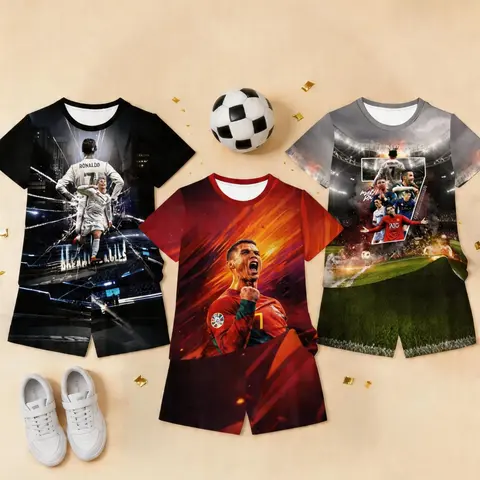 【Black Friday】Kids' Cristiano Ronaldo-Themed 6-Piece Soccer Outfit Set, Short-Sleeve Graphic T-Shirt and Matching Shorts for Training and Outdoor Wear, Birthday or Holiday Gift