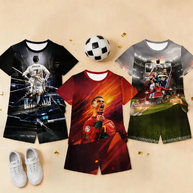 【Black Friday】Kids' Cristiano Ronaldo-Themed 6-Piece Soccer Outfit Set, Short-Sleeve Graphic T-Shirt and Matching Shorts for Training and Outdoor Wear, Birthday or Holiday Gift