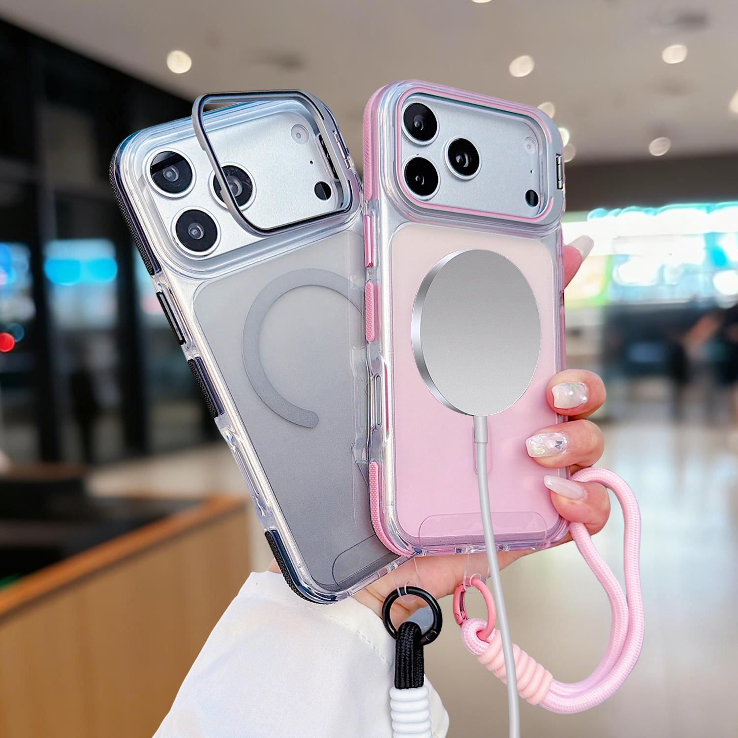 Magnetic Clear Stand Case for iPhone 17 Pro Max 17 Air 16 15 14 13 Pro Max, Compatible with MagSafe, Slim Shockproof Bumper + PC Back Metal Kickstand Wrist Strap, with Camera Lens Holder