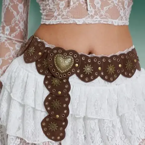 Women's Adjustable 2.75in Vintage Ethnic Pattern Heart Rivet Western Belt - Artificial Leather, Boho Bohemian Fashion Buckle Waistband, Daily Accessory for Women, Jeans, Short Skirts, Festival Wear, Fall Outfits