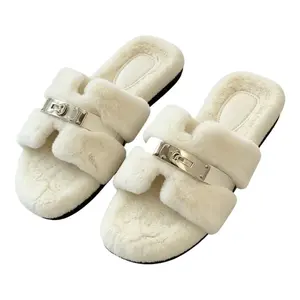 Women's Cream Fuzzy Fur Slide Slippers - Soft Open-Toe Indoor & Outdoor Fluffy Sandals with Silver Metal Buckle, Cozy Loungewear Slides for Home, Bedroom, Casual Wear, Winter Warm Plush House Shoes