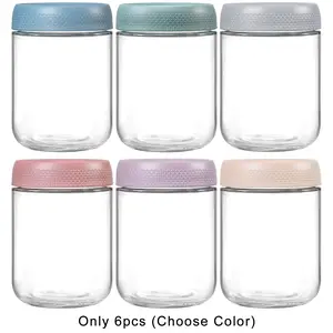 6-Pack Overnight Oat Containers, Glass Storage Jars with Airtight Lids, Wide Mouth Mason Salad Jars, Durable Glass Storage Container for Snacks Yogurt, Food Storage Containers, Kitchen