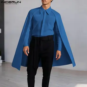 INCERUN Spring/Summer Men's Elegant Cape-Style V-Neck Shirt, White Draped Long Sleeve Top, Fashion Parties, Art Exhibitions, Stage Performances