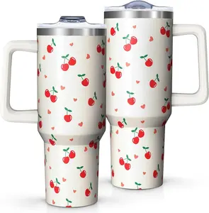 40oz Stainless Steel Insulated Cherry Tumbler - Insulated Water Bottle, Portable Drink Cup with Handle, Straw, Spill-Proof Lid, Travel Coffee Mug, Gifts for Women and Cherry Lovers (Birthday, Christmas), Insulation