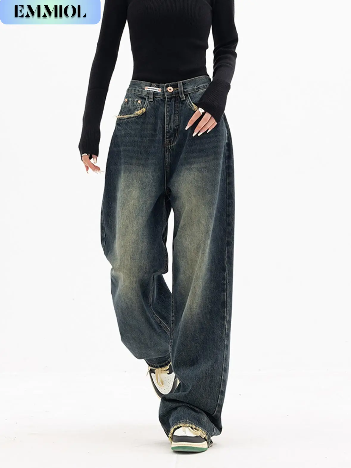 EMMIOL Wide Leg Baggy Jeans for Women Y2K Casual Loose Denim with 4 Traditional Pockets, Zip Fly, Button Closure & Belt Loose Fit - Fabric Clothing Pa