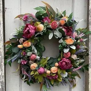 Elegant Peony & Roses Wreath with Pink, Purple, Peach, & Green Foliage - Durable Plastic Farmhouse Door Decoration for Spring Summer Home Decor, Contemporary Floral Wreath for Easter, Mother's Day, Housewarming Gifts