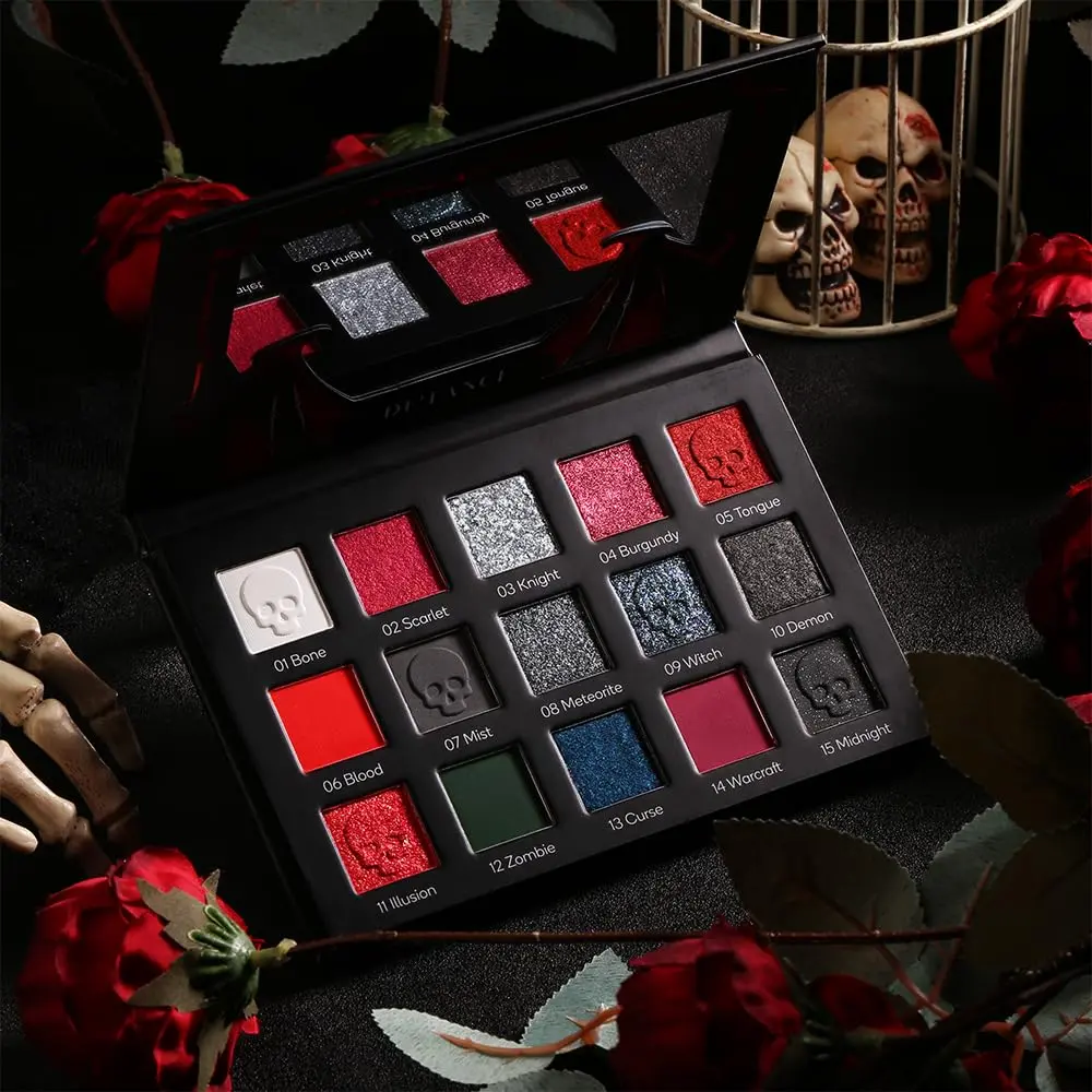 Halloween themed cosmetic eyeshadow palette in red and black. Stunning black-silver glitter and burgundy matte shades. Ideal for vampire, clown and creative Christmas makeup Shimmer Matte Eyeshadows