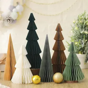 6 Pcs Neutral Christmas Tree Honeycomb Centerpiece Minimalist 3D Paper Trees Centerpiece Modern Christmas Decor Rustic Reusable Table Decoration for Home Decor Xmas Gift(Green, Brown)