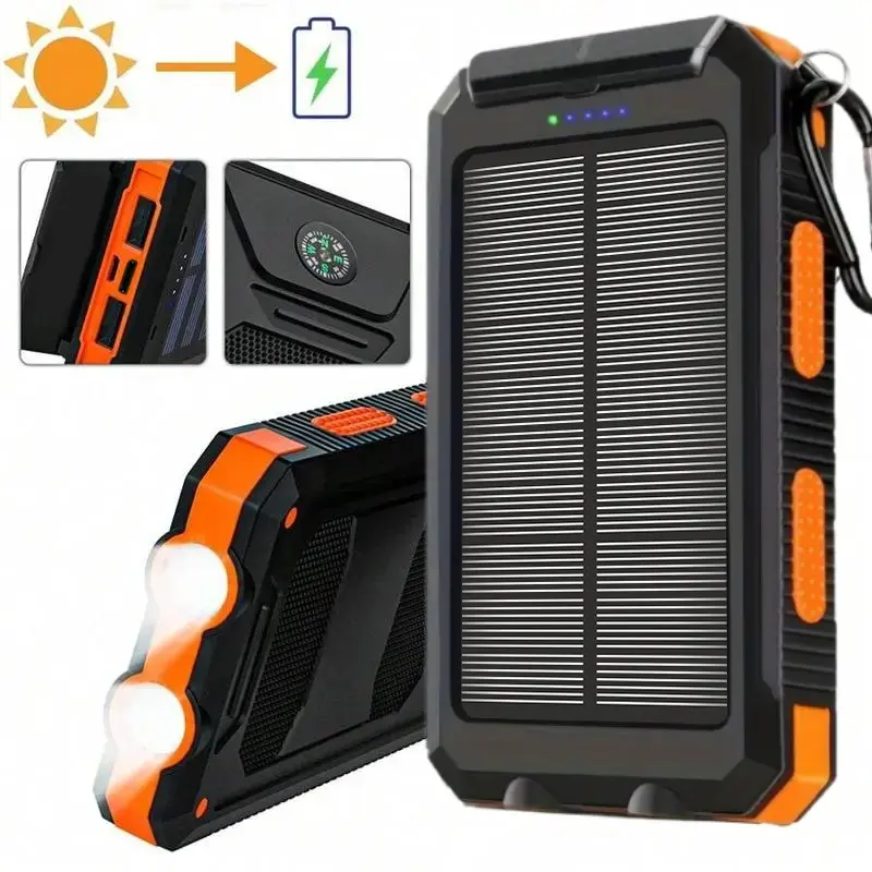 Portable Solar Power Bank, Solar Charging Battery, Solar Cellphone Charger, Camping External Battery Charger for Mobile Phones, 2 USB/Type-C/Micro USB LED Flashlights with Compass for Outdoor Activities 10000mAh Gift for Outdoor Enthusiasts