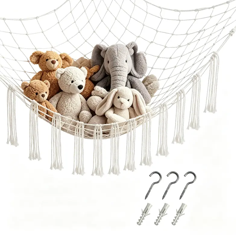 59 x 47 Inches Macrame Stuffed Animal Hammock Corner Net, Large Plushie Toy Storage Net with Tassels, Cotton Hanging Plush Holder Organizer, Boho Decor for Nursery, Kids Bedroom, Playroom, White