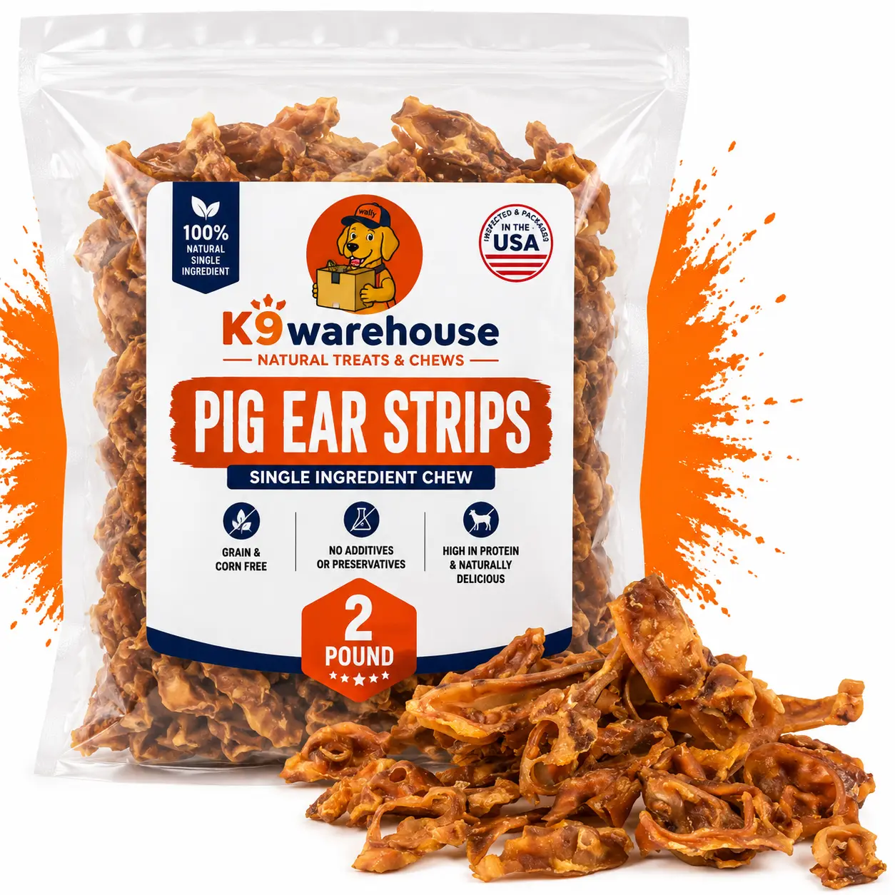 K9warehouse Thick Cut Pig Ear Strips - 2 Pounds, All Natural Dog Chews, Hand-Selected, No Preservatives, Hormones, or Harmful Chemicals, Healthy Treat for Dogs of All Sizes