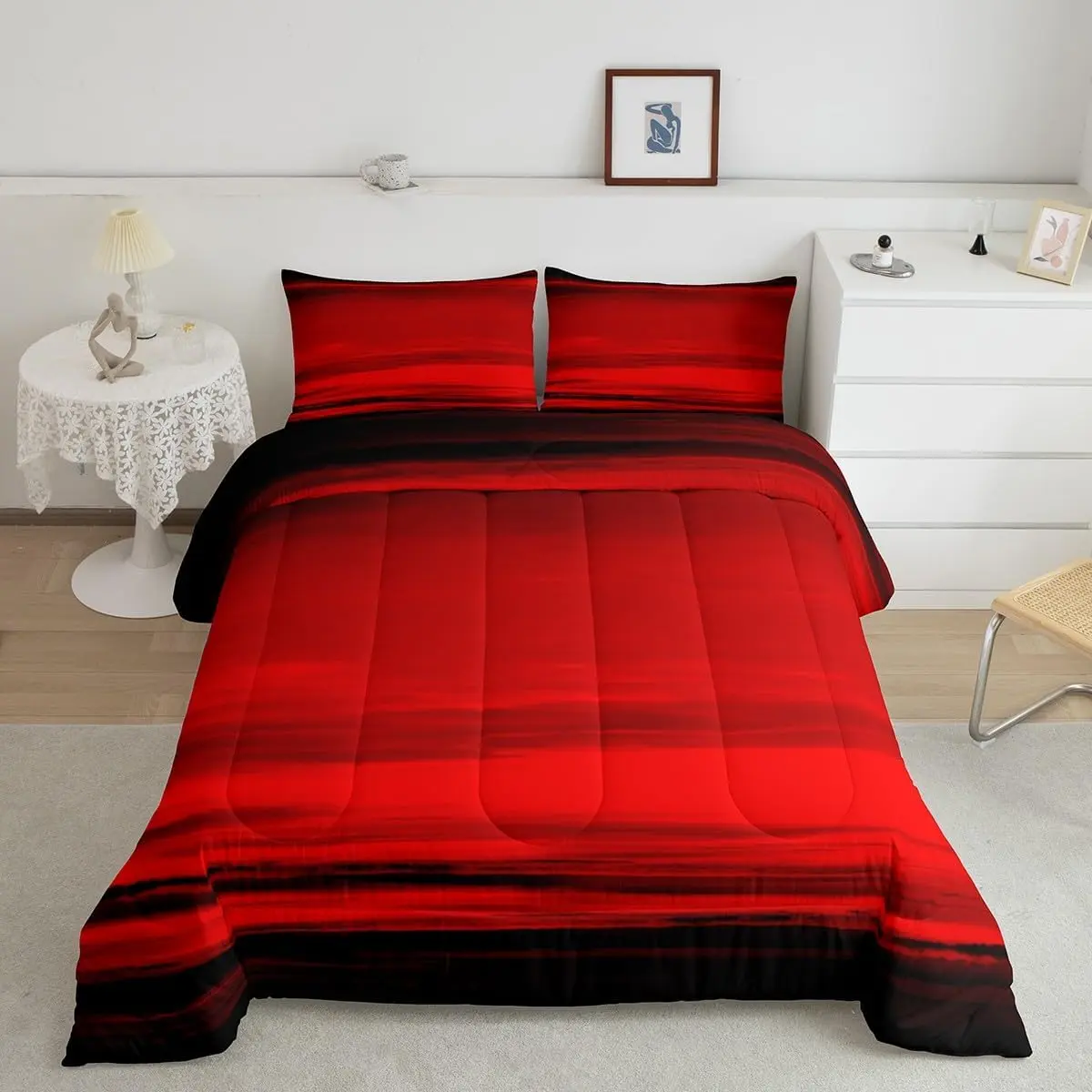 Feelyou Full-Size Ombre Geometric Abstract Microfiber Decorative Bedding Set - Wine Red & Black Breathable Duvet Comforter Set, Room Decor Essential, Microfiber Bedding Set