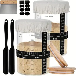 24 Oz Yeast Starter Glass Bottle Set, 2 Packs with Silicone Scraper, Thermometer Strip, Feeding Strap, Cloth & Wooden Covers, Reusable DIY Bread Kit