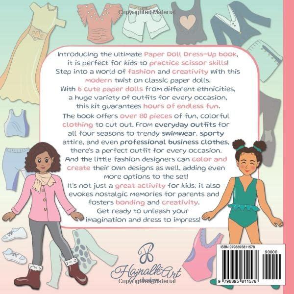 Dress up Paper Dolls book with Coloring version for Girls ages 8-12: 6 Cut-out paper dolls, 80+ clothing and coloring options. Modern Fashion Paper Dolls, Scissor Skill practice (Paper Dolls Books)
