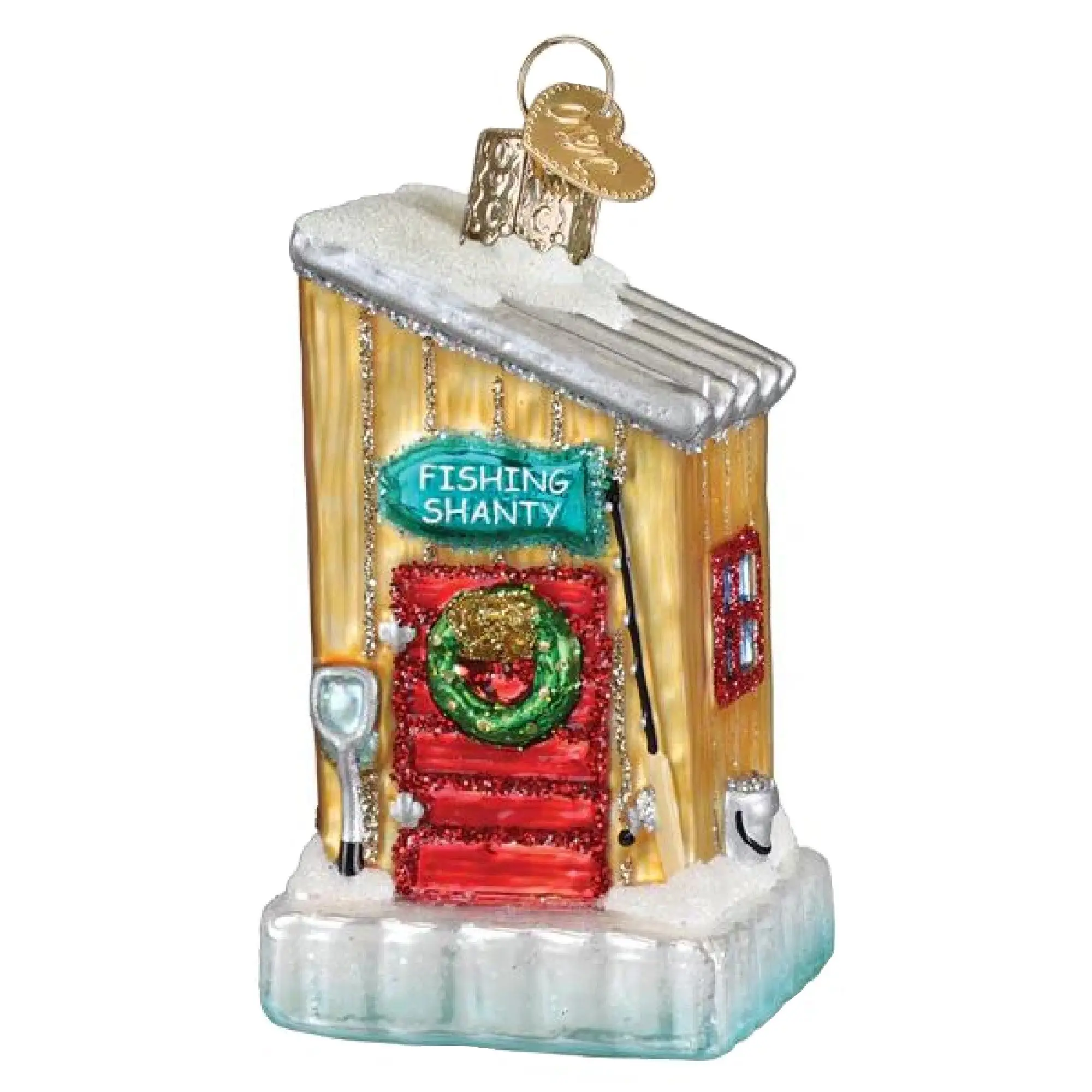 Old World Christmas Blown Glass Ornament for Christmas Tree, Ice Fishing Shanty