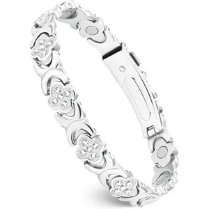 Copper Bracelets for Women Effective Copper Magnetic Bracelet with 3500 Gauss Magnets Trendy Stack Bangle Adjustable Cuff Therapy Bracelet Silver Crystal Flower Design 3800 Gauss Neodymium Magnets Four Leaf Clover Shape Cubic Zirconia Stones