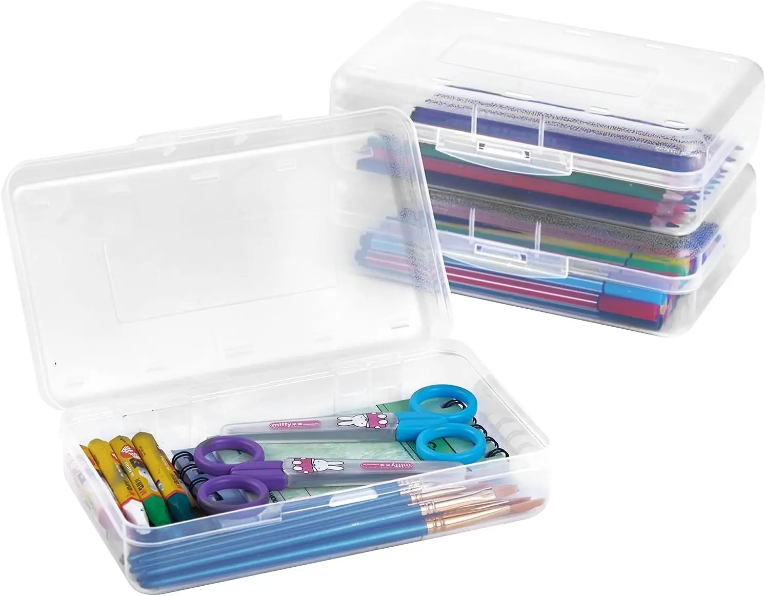 Sooez 3 Pack Pencil Case, Large Hard Pencil Box Bulk, Clear Crayon Box Marker Pen Organizer, Plastic Storage Container with Snap Lid, Stackable Art Craft Organizer Back to School Supplies, Clear Gift