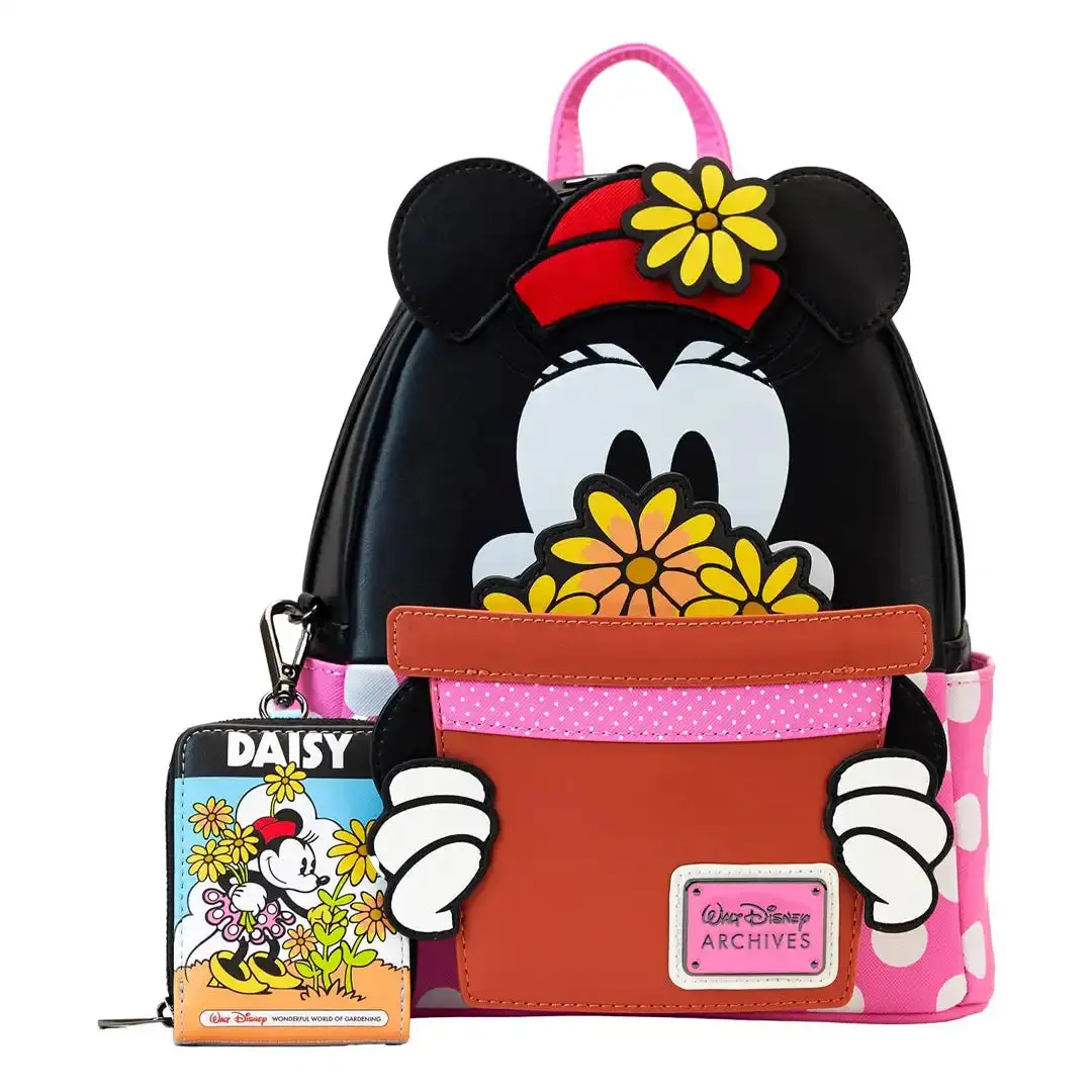Faux Leather Mini Backpack for Fans, Collectible Cartoon Theme with Mouse Character & Floral Print, Adjustable Straps & Front Zipper Compartment, Collectibles, Flowers Print