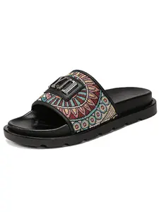 Boho Style Unisex Slippers Slide Footwear, Comfortable Synthetic Leather, Geometric Pattern, Breathable & Non-Slip, Ideal for All Seasons