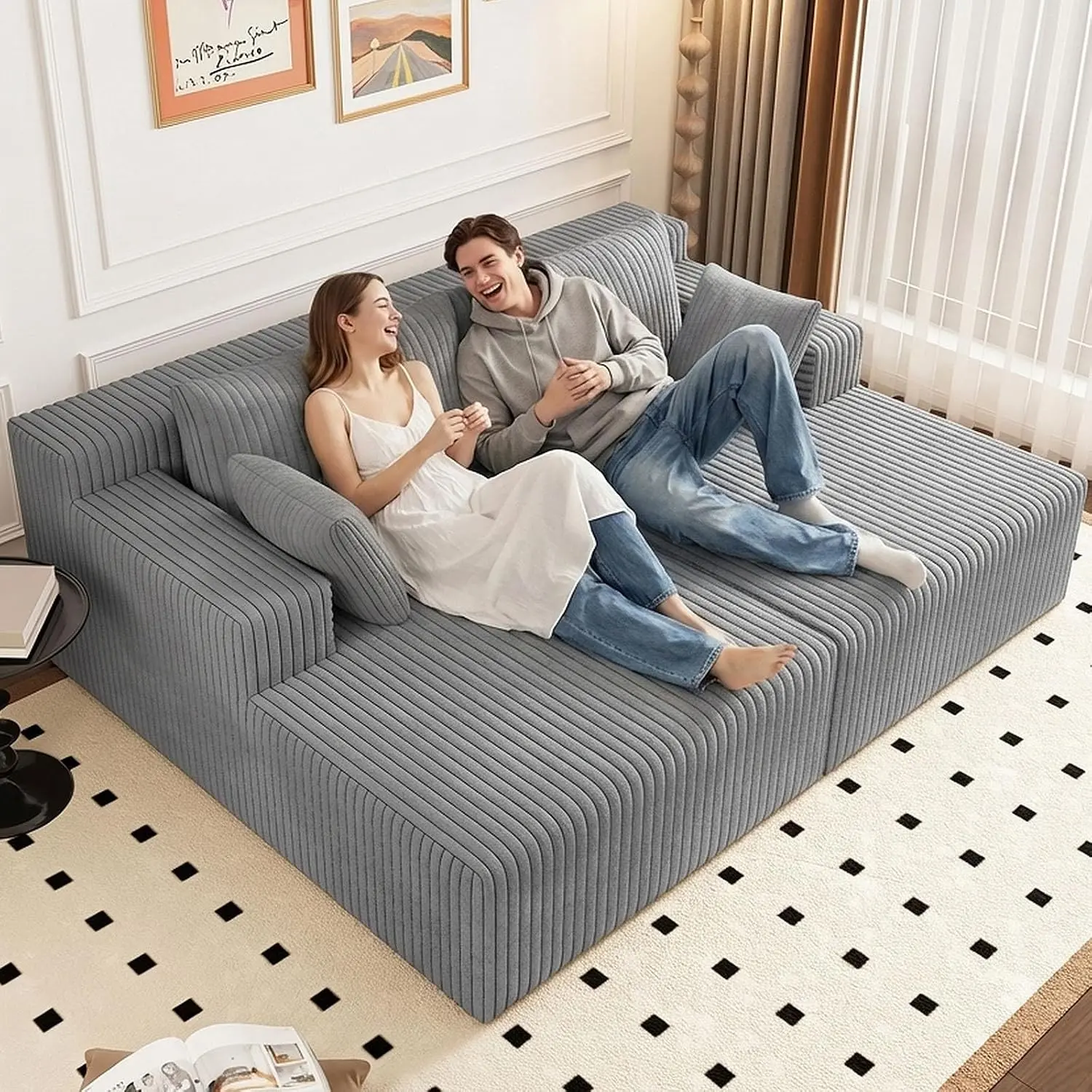 71" Oversized Double Chaise Lounges Indoor, Upholstered Corduroy Oversized Chaise Lounge Chair, Modern Sleeper Loveseat Chair Boneless Cloud Couch for Living Room Bedroom Reading (Light Grey)
