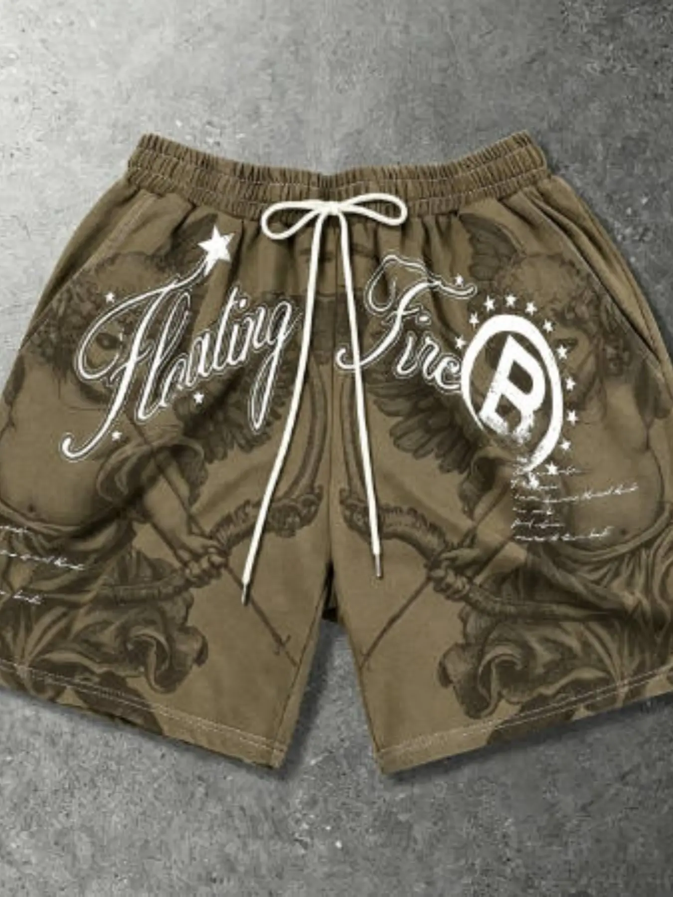 Y2K Grunge Aesthetic Men's Shorts, Gothic Angel Cherub Graphic Drawstring Shorts, Soft Breathable Casual Streetwear Shorts for Gym, Lounge, Beach and Summer Vacation