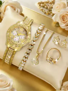 Luxury Gold Plated Matching Jewelry Set, Includes Watch, Bracelet, Necklace, Earrings, Ring, Elegant Design, Perfect Gift, All Seasons