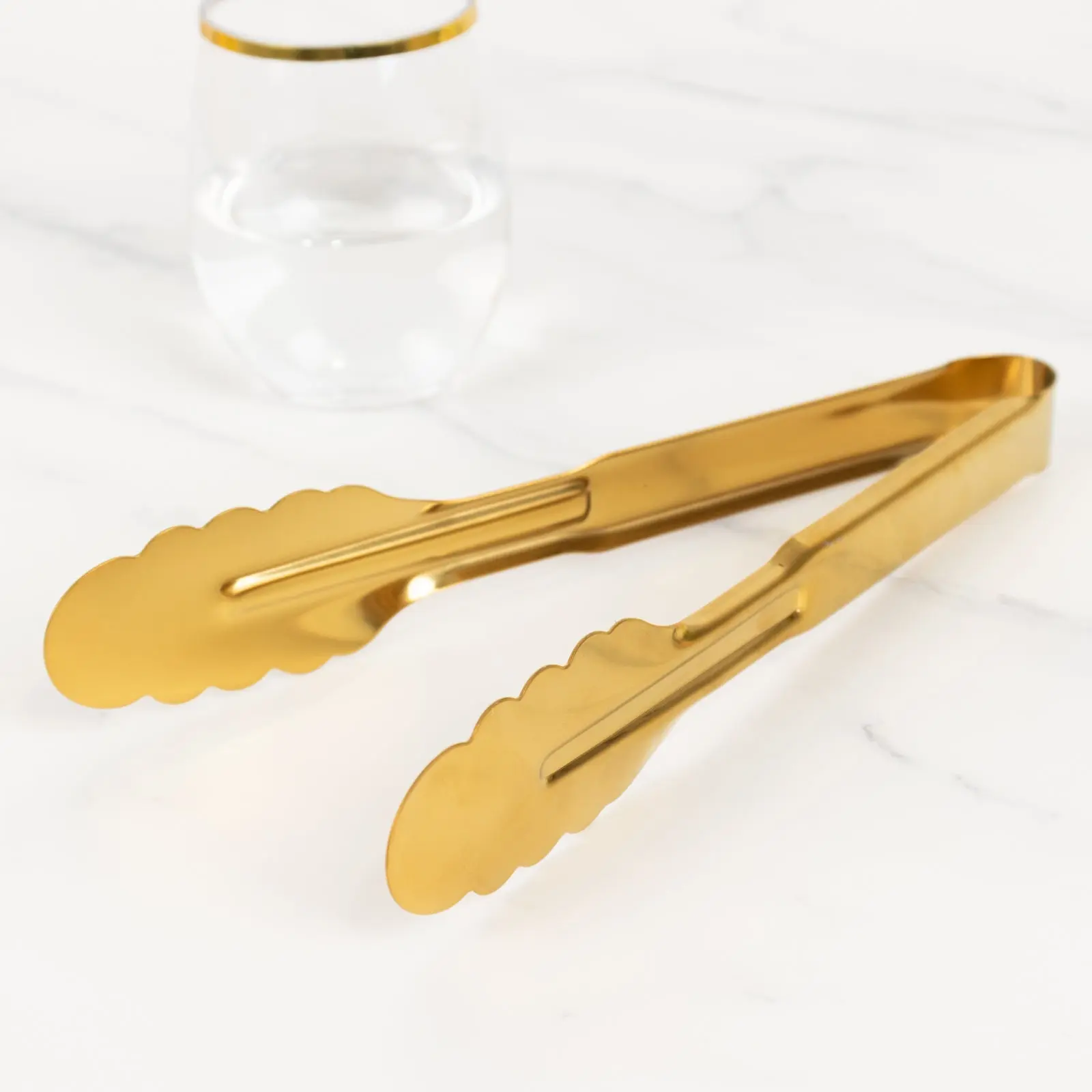 Gold 9.5in Stainless Steel Kitchen Tongs - 10-Pack Non-Slip Stainless Steel Kitchenware Utensils with Scalloped Gripping Edge, Gold Kitchen Accessories for Buffets, Parties