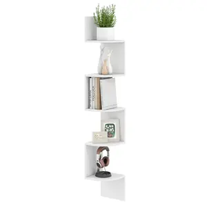 COSTWAY - 5-Tier Corner Shelf Floating Bookshelf Wall Mounted Storage Organizer-White