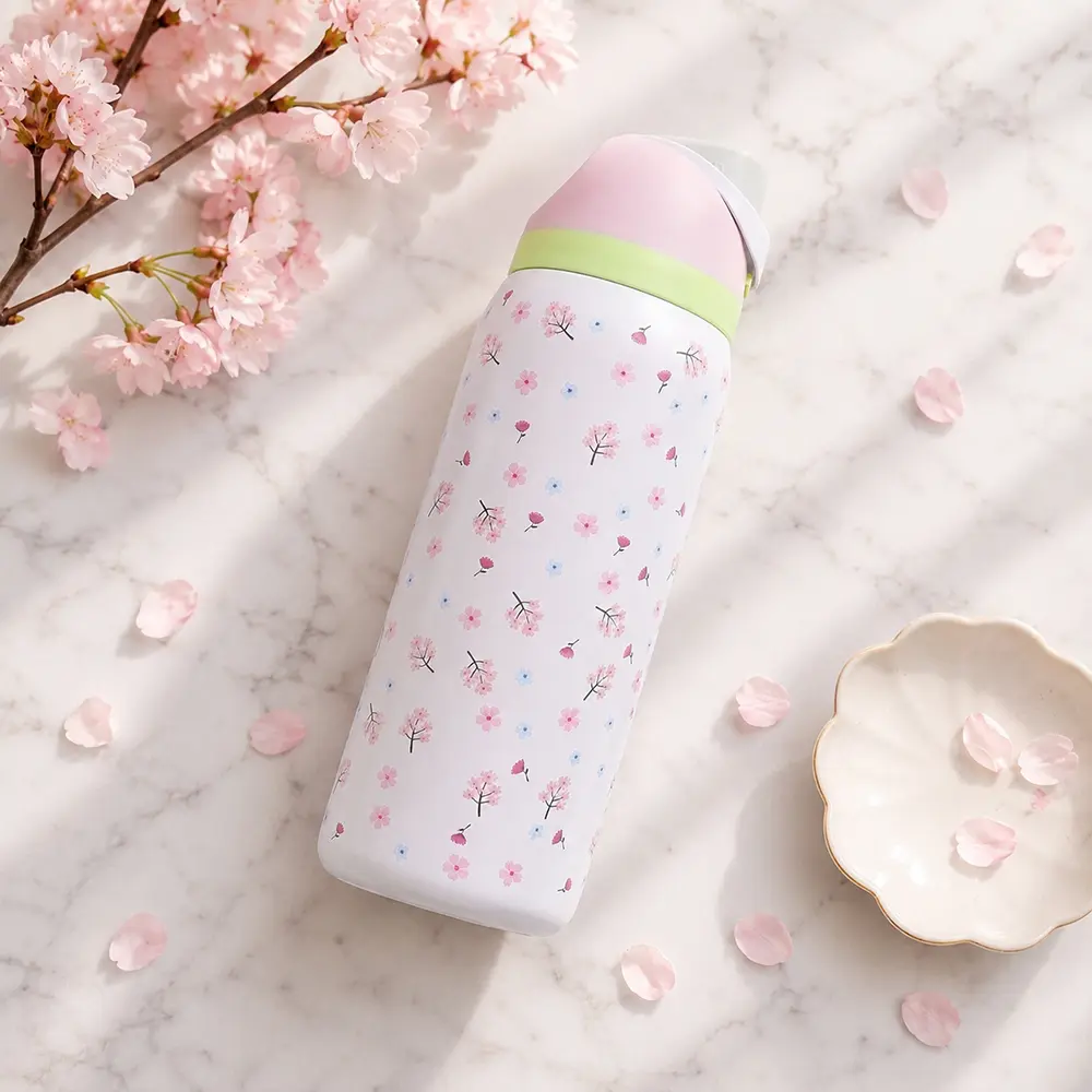 Pink Cherry Blossom Print Water Bottle with Flip Lid – Cute Floral Reusable Travel Bottle for Women & Teens, School, Gym, Work & Daily Use