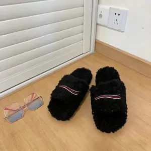 Luxury Fuzzy Slides with Striped Band | Soft, Warm & Trendy