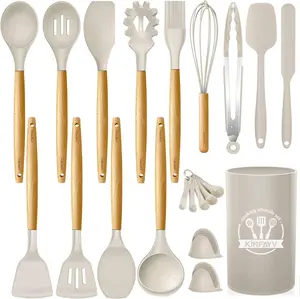 Silicone Cooking Utensils Kitchen Utensil Set, 21 PCS Wooden Handle Nontoxic BPA Free Silicone Spoon Spatula Turner Tongs Kitchen Gadgets Utensil Set