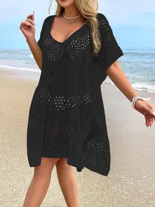 Women's Plain Hollow Out Split Cover Up, Boho Casual V Neck Batwing Sleeve Cover Up For Beach Vacation Holiday, Ladies Summer Clothes, Beach Cover Ups