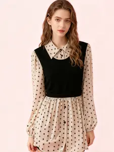 A ladies' polka dot patchwork black collar long-sleeved shirt Blouse Top, perfect for daily wear and exuding a chic, fashionable and elegant vibe.