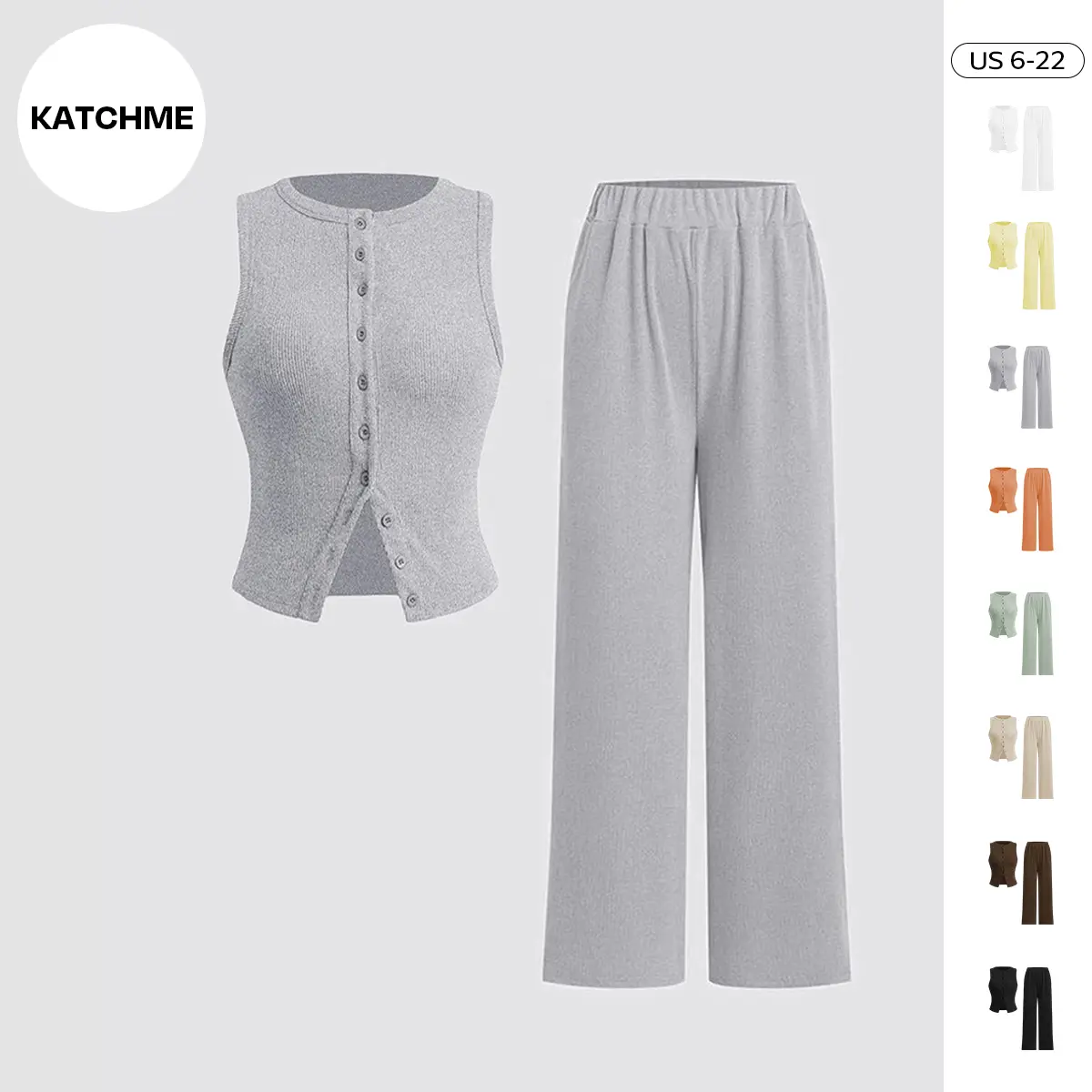 Katch Me Women's Casual Solid Color Sleeveless Button-Up Slim Tank Top & Wide Leg Trousers Co-ord, Soft Basic Round Neck Stretch Two Piece Outfits