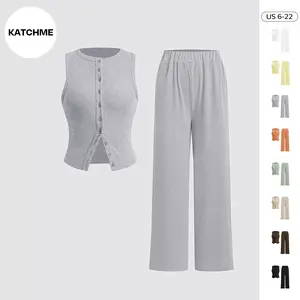 Katch Me Women's Casual Solid Color Sleeveless Button-Up Slim Tank Top & Wide Leg Trousers Co-ord, Soft Basic Round Neck Stretch Two Piece Outfits