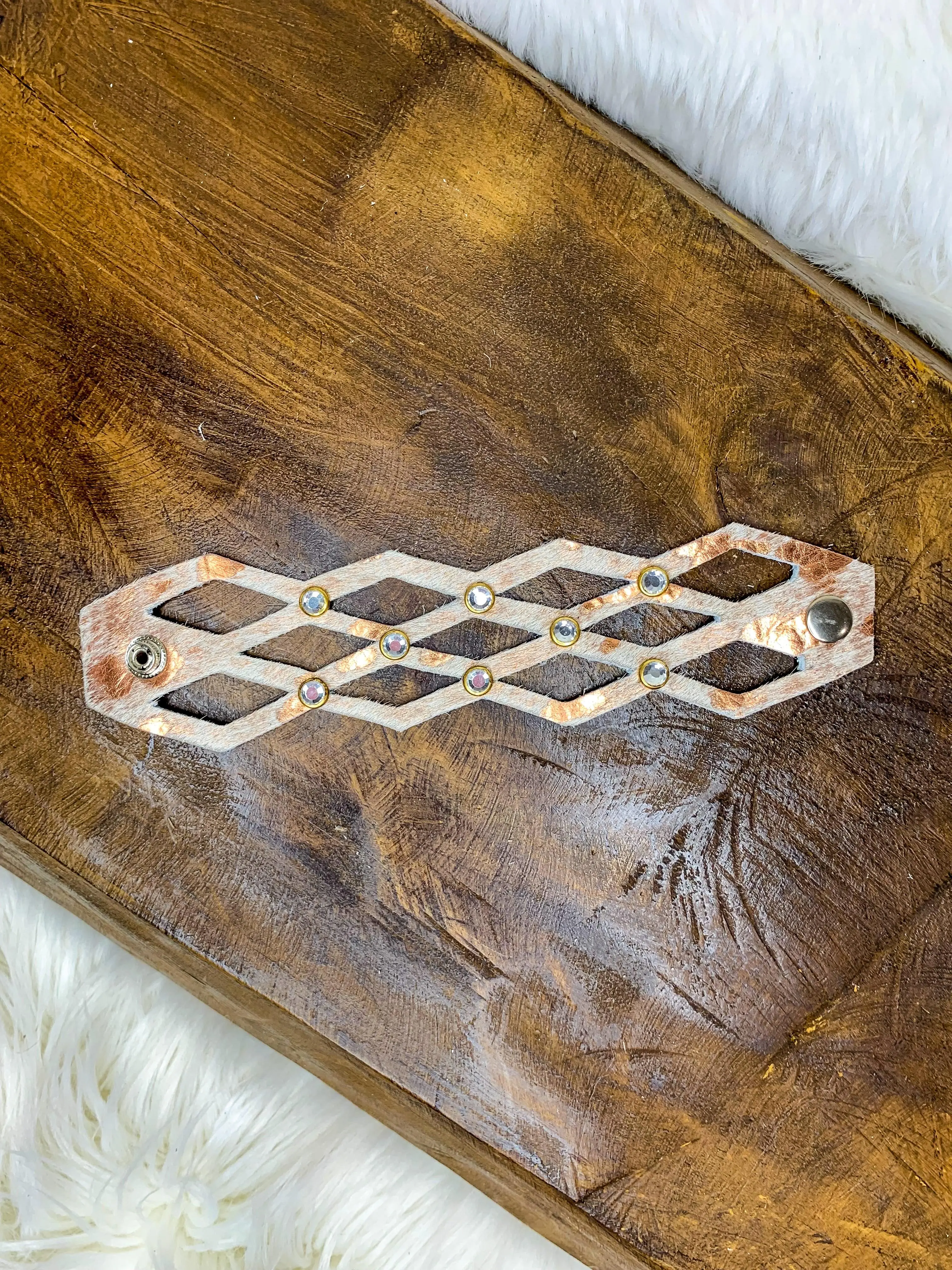 Stevie Crystal Studded Metallic Cowhide Cuff - Rose Gold Mix