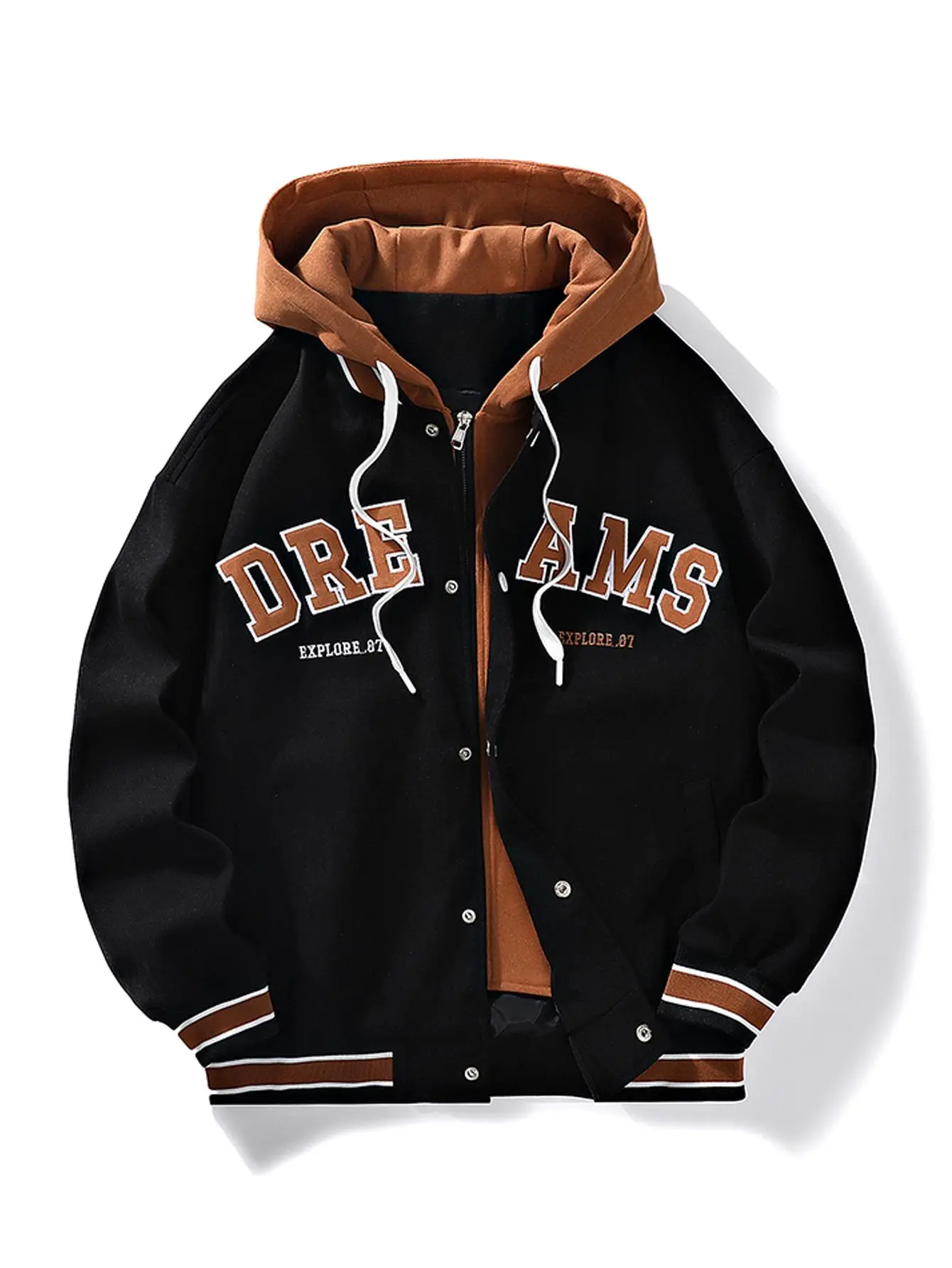 Men's Jacket Spring Autumn Winter Casual Trendy Couple Style Loose Fake Two-Piece Hooded Coat varsity Black Long Sleeve
