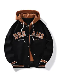 Men's Jacket Spring Autumn Winter Casual Trendy Couple Style Loose Fake Two-Piece Hooded Coat varsity Black Long Sleeve