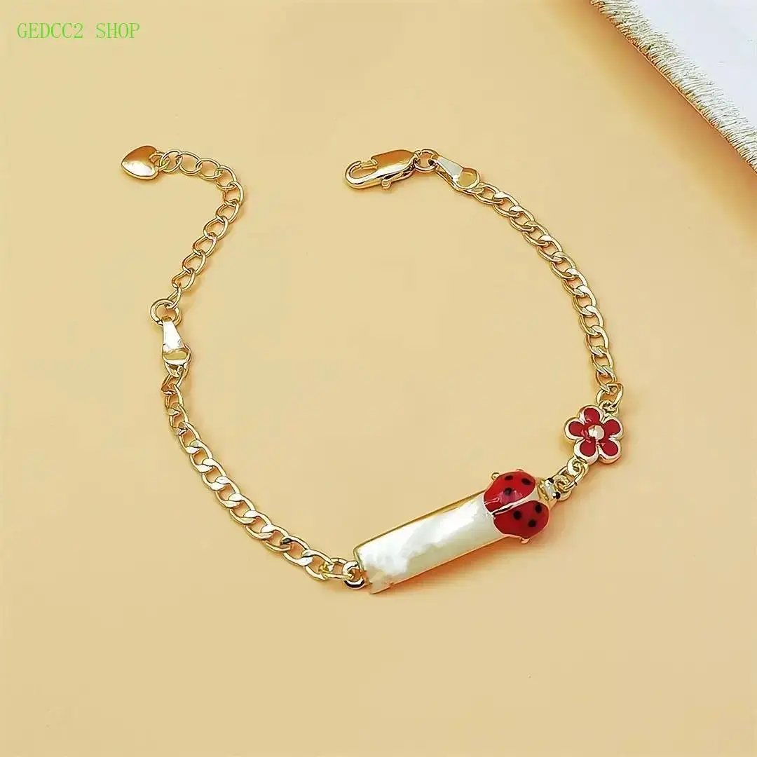 Ladybug & Flower Charm Bracelet for Women, 18K Gold-Plated Copper Jewelry with Red & Pink Floral Details, Stylish Minimalist Wrist Accessory for Daily Wear, Party, Travel & Holiday Gift
